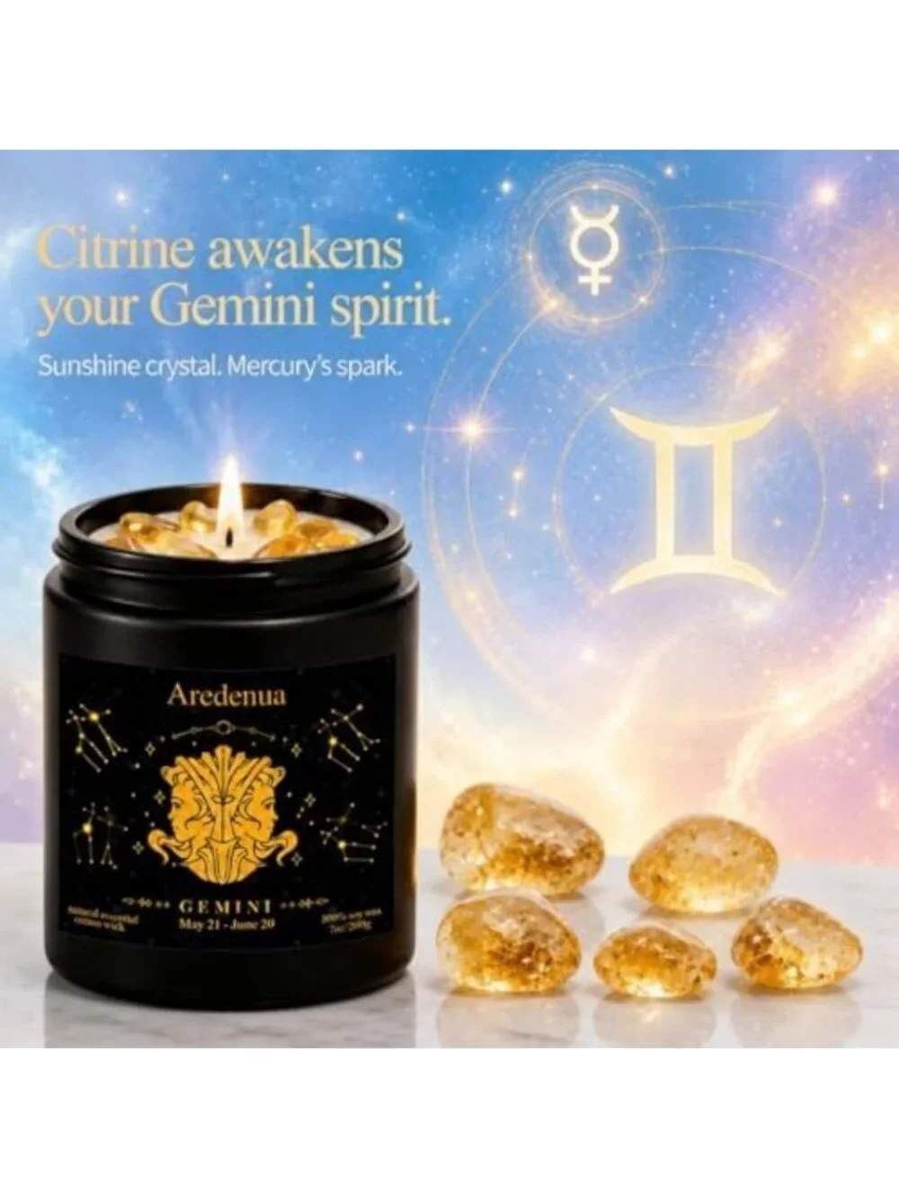 Lemon Scented Gemini Zodiac Candle with Citrine Crystals for Positive Energy